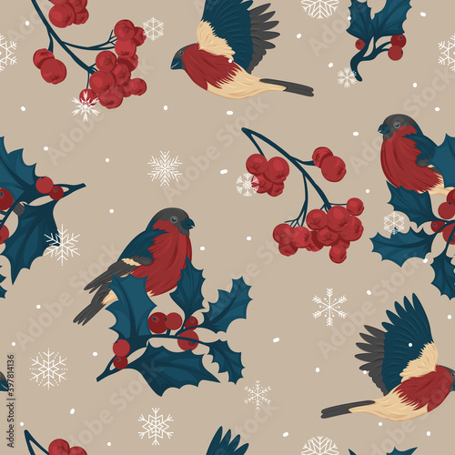 Christmas pattern with bullfinches, red berries and snowfall