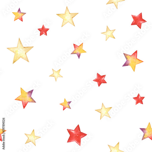 Watercolor holiday seamless pattern with colorful stars. Illustration print on white background for Christmas  birthday or celebration.