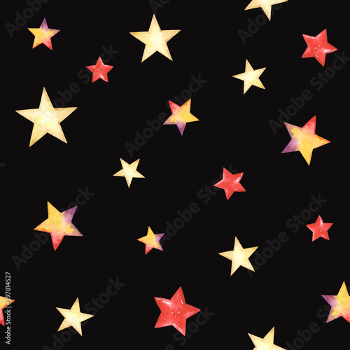 Watercolor holiday seamless pattern with colorful stars. Illustration print on dark background for Christmas  birthday or celebration.