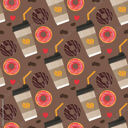 Seamless pattern with coffee paper cup and donuts. Vector illustration in flat style
