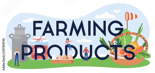 Farming products typographic header. Farming food production. Village groceries.