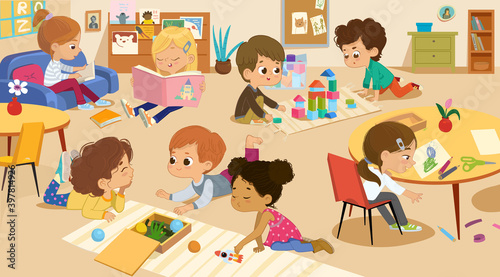 Diverse kids playing educational games, reading, making collage. Kids play together in kindergarten. Montessori environment in kindergarten. Playroom with children