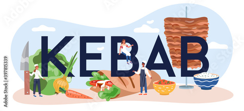 Kebab typographic header, street food concept. Chef cooking delicious