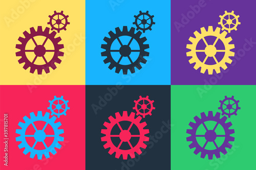 Pop art Gear icon isolated on color background. Cogwheel gear settings sign. Cog symbol. Vector.