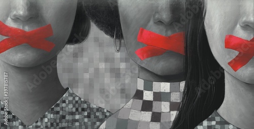 Concept idea freedom of speech freedom of expression democracy feminism and censored, surreal painting, portrait illustration, political art, women's rights, conceptual artwork photo