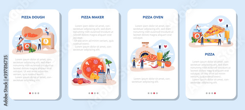 Pizza maker mobile application banner set. Chef cooking tasty delicious pizza.