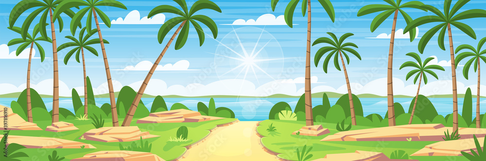 Tropical landscape panorama. Vector illustration with separate layers.