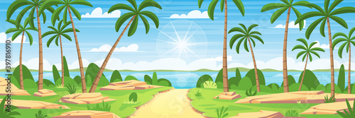 Tropical landscape panorama. Vector illustration with separate layers.