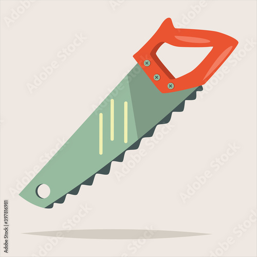 Hand saw isolated on the background. Woodworking tools icon. Vector cartoon illustration.