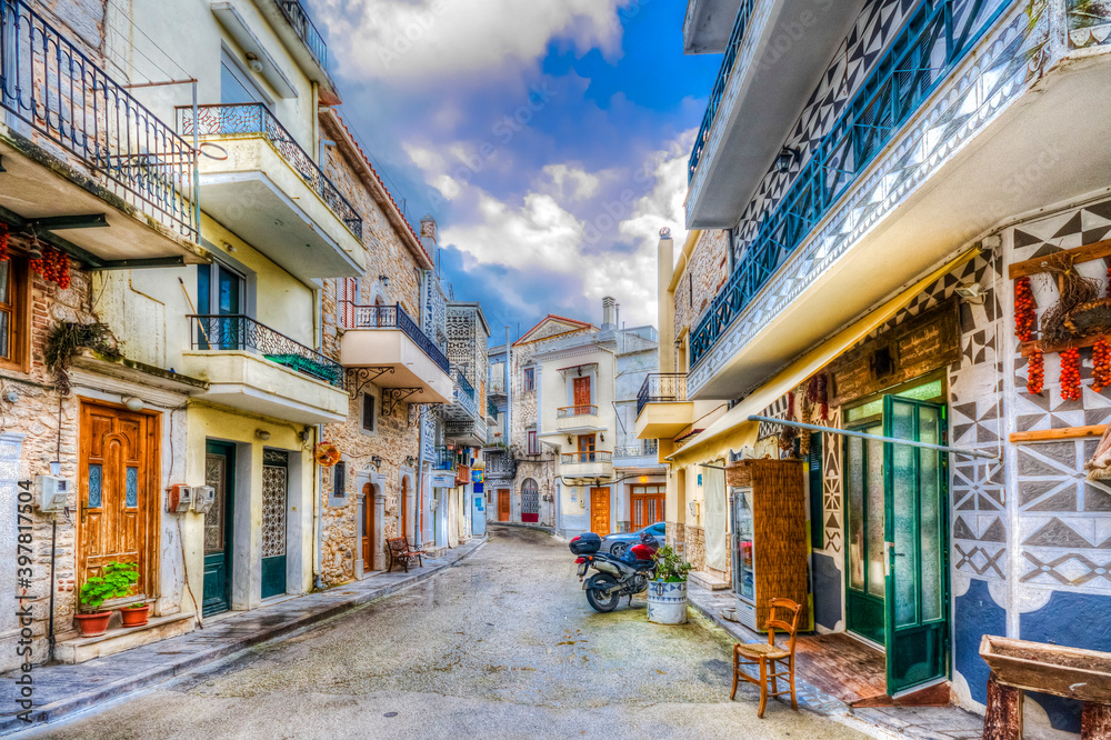 Fototapeta premium Pirgi village square Chios Island, Greece. The most interesting feature of Pirgi are the decorative designs the exterior walls of the houses.