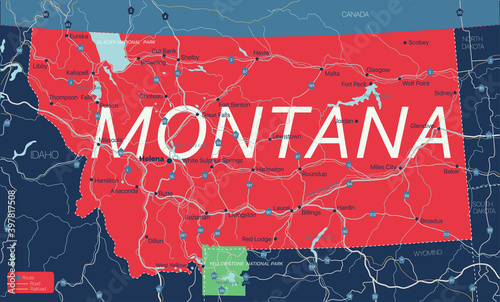 Montana state detailed editable map with cities and towns, geographic sites, roads, railways, interstates and U.S. highways. Vector EPS-10 file, trending color scheme photo