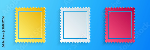 Paper cut Postal stamp icon isolated on blue background. Paper art style. Vector.
