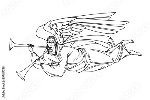 angel with trumpet flying on wings, heaven messenger, for christmas and easter cards, posters, vector illustration with black ink contour lines isolated on a white background in hand drawn style