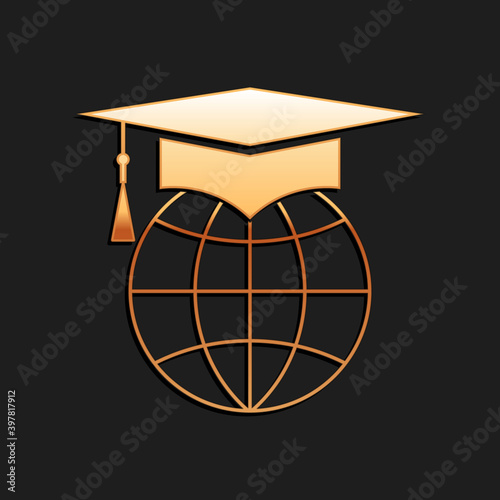 Gold Graduation cap on globe icon isolated on black background. World education symbol. Online learning or e-learning concept. Long shadow style. Vector.