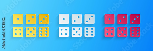 Paper cut Set of six dices icon isolated on blue background. Paper art style. Vector.