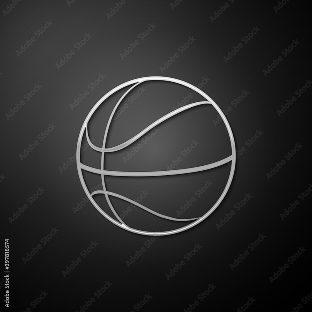 Silver Basketball ball icon isolated on black background. Sport symbol. Long shadow style. Vector.