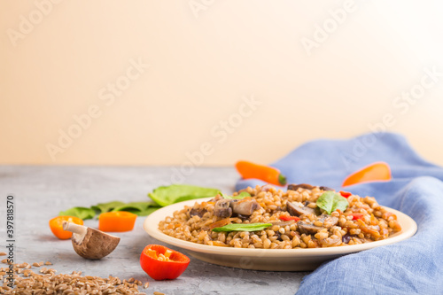 Spelt (dinkel wheat) porridge with vegetables and mushrooms on ceramic plate on gray and orange background. Side view, selective focus, copy space.