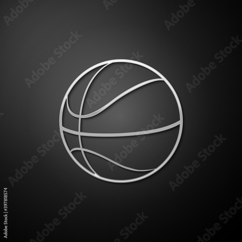 Silver Basketball ball icon isolated on black background. Sport symbol. Long shadow style. Vector. © mingirov