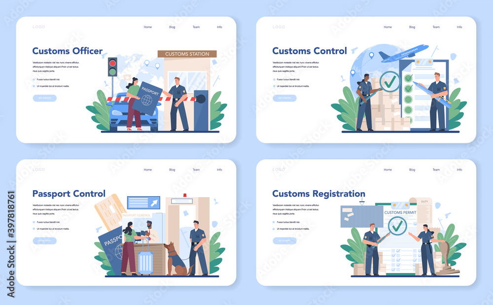 Customs officer web banner or landing page set. Passport control at the airport.
