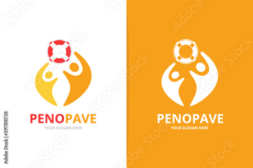 Vector lifebuoy and people logo combination. Unique lifeboat and team logotype design template.