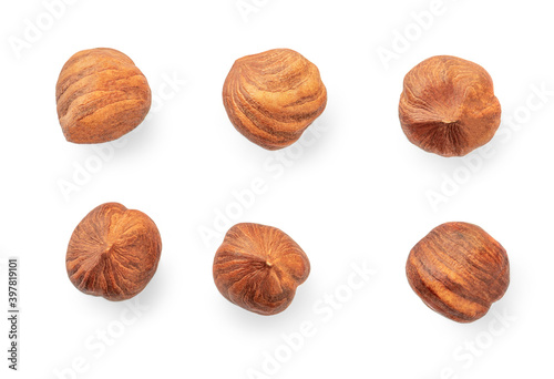 Hazelnuts isolated on white background. Top view. Flat lay.