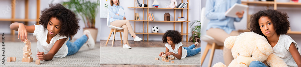 Collage of african american girl looking at camera near teddy bear and playing with wooden blocks on floor on blurred background, banner Collage of african american girl looking at camera near teddy bear and playing with wooden blocks on floor on blurred background, banner