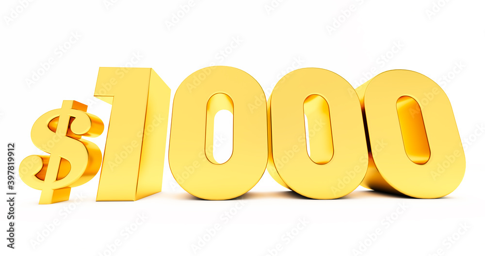 3d render of golden 1000$ one thousand price symbol isolated on white background. 3d render of golden 1000$ one thousand price symbol isolated on white background.