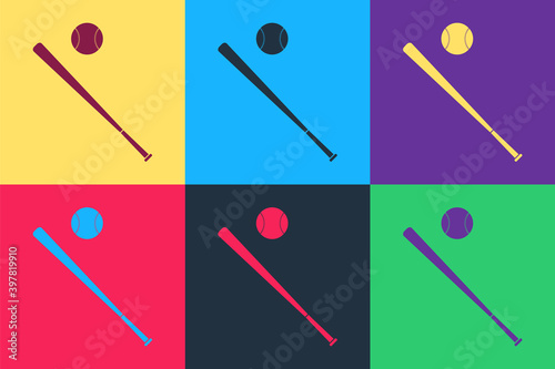 Pop art Baseball ball and bat icon isolated on color background. Vector.