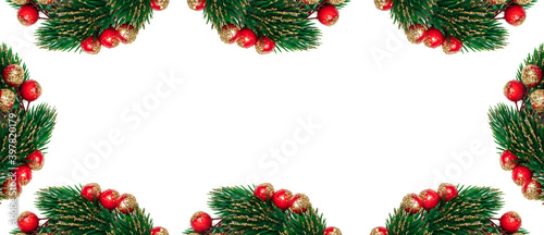Decorative Christmas spruce branches with red and golden berries encircling empty white copy space in the middle. Isolated on white background. Winter holiday postcard and decoration concept. Banner