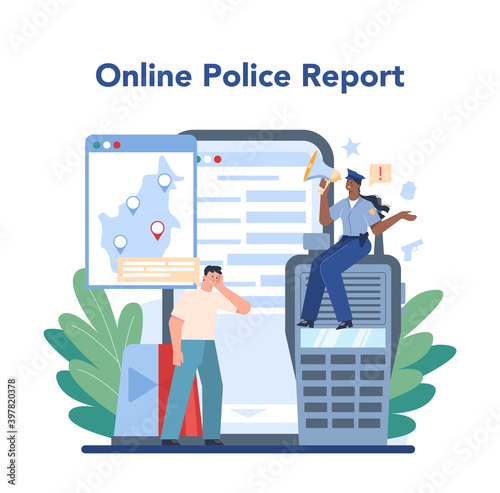 Police officer online service or platform. Detective making investigation