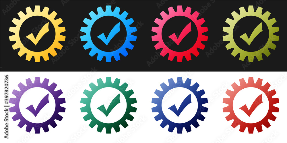 Set Gear with check mark icon isolated on black and white background. Cogwheel simple icon. Approved service sign. Transmission Rotation Mechanism symbol. Vector. Set Gear with check mark icon isolated on black and white background. Cogwheel simple icon. Approved service sign. Transmission Rotation Mechanism symbol. Vector.