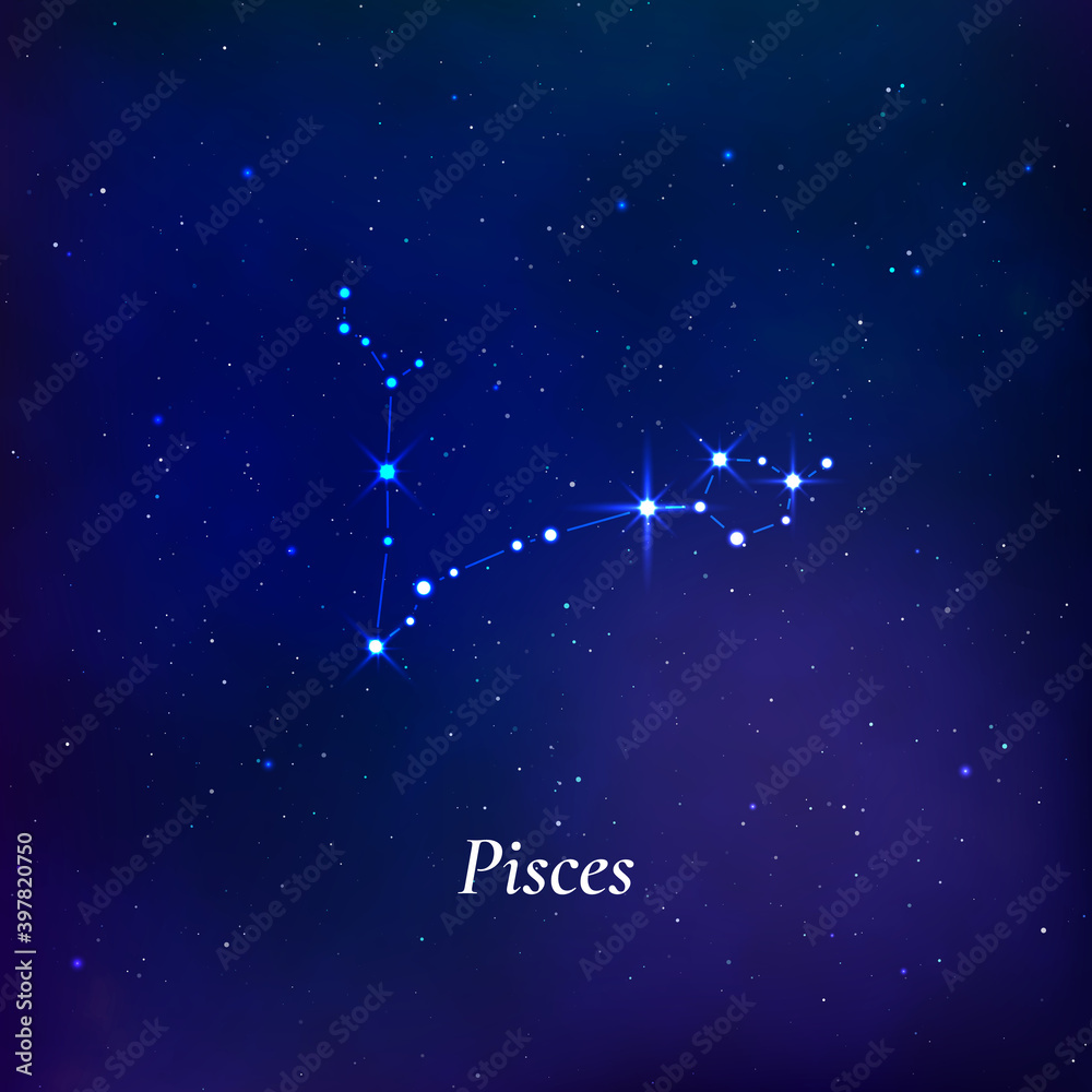 Pisces sign. Stars map of zodiac constellation on dark blue background. Vector