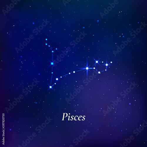 Pisces sign. Stars map of zodiac constellation on dark blue background. Vector