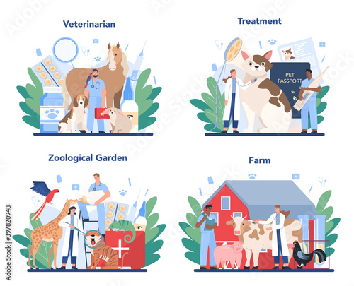 Pet veterinarian concept set. Veterinary doctor checking and treating