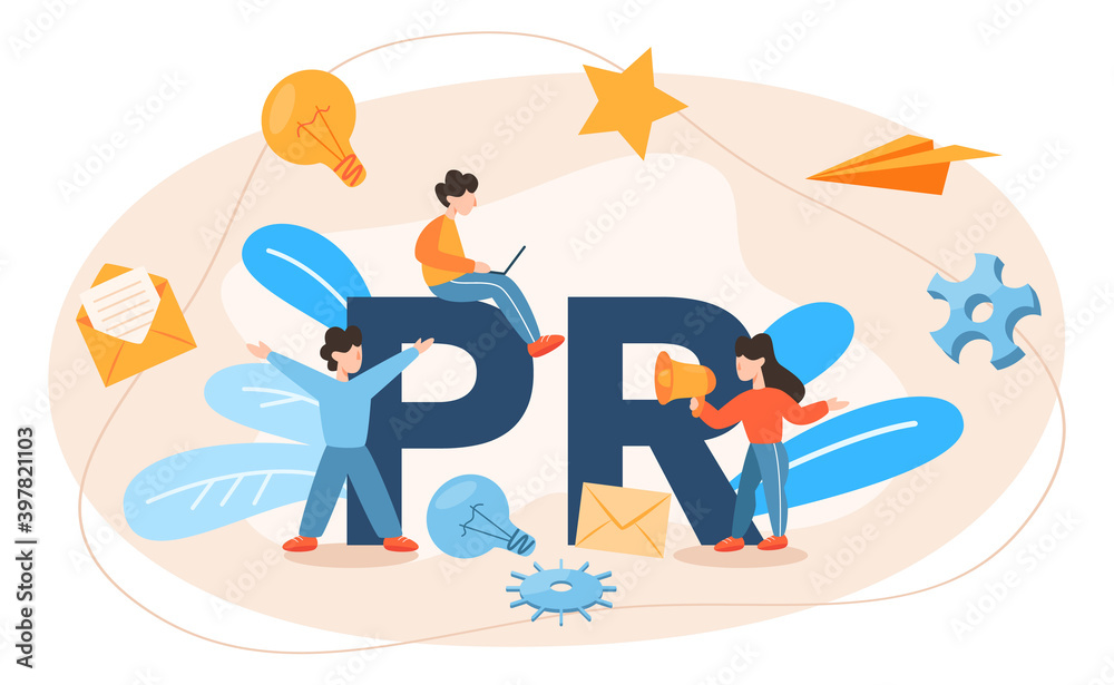 PR typographic header. Commercial advertisement and communication with customer PR typographic header. Commercial advertisement and communication with customer