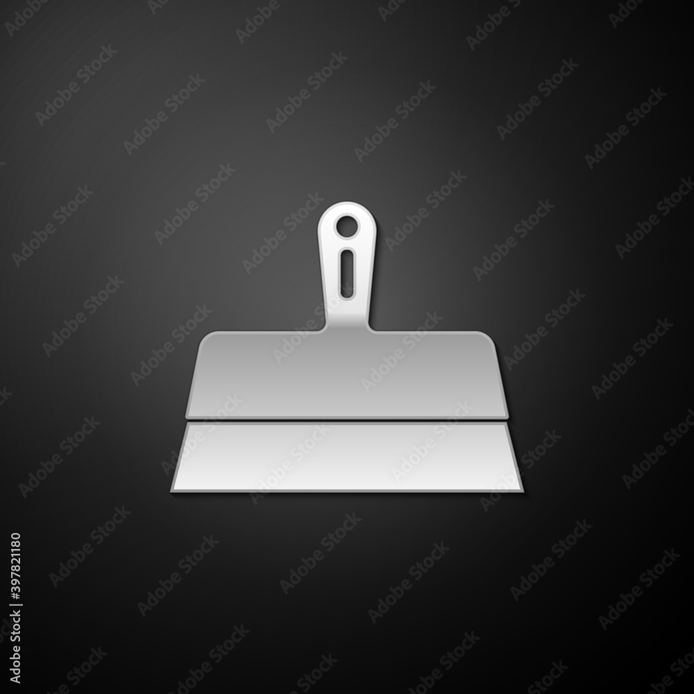 Silver Putty knife icon isolated on black background. Spatula repair tool. Spackling or paint instruments. Long shadow style. Vector. Silver Putty knife icon isolated on black background. Spatula repair tool. Spackling or paint instruments. Long shadow style. Vector.