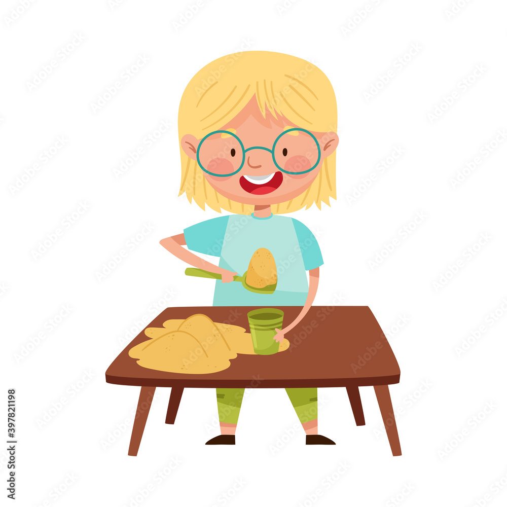 Little Girl in Glasses Standing at Table and Scattering Sand in Glass Vector Illustration Little Girl in Glasses Standing at Table and Scattering Sand in Glass Vector Illustration
