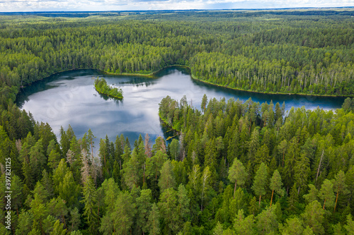 An aerial panoramic view on the Glubel'ka lake (Blue lakes) in Naroch reserve park in Belarus