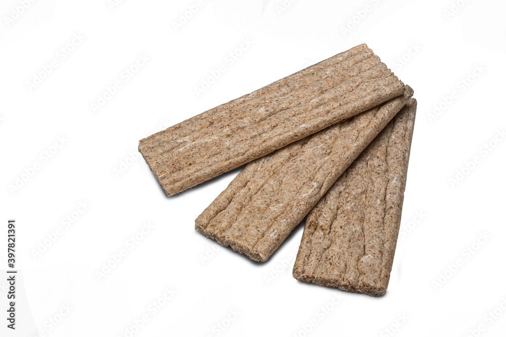 Three extruded rye bread for diet isolated on white background.