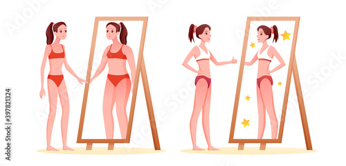 Anorexia eating disorder concept vector illustration. Love yourself, acceptance concept vector illustration. beautiful lady loving her body isolated on white.