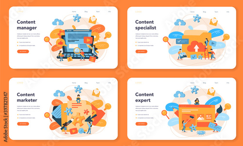 Content management web banner or landing page set. Idea of digital strategy