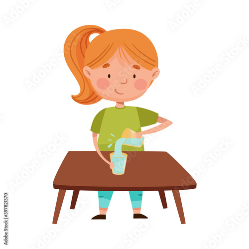 Smiling Girl at Desk Playing with Water and Glass Vector Illustration