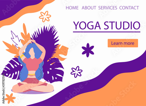 Website banner design for Yoga studio promotion with Learn more button. Yogi woman meditating