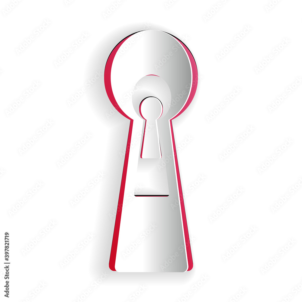 Paper cut Keyhole icon isolated on white background. Key of success solution. Keyhole express the concept of riddle, secret, peeping, safety, security. Paper art style. Vector. Paper cut Keyhole icon isolated on white background. Key of success solution. Keyhole express the concept of riddle, secret, peeping, safety, security. Paper art style. Vector.