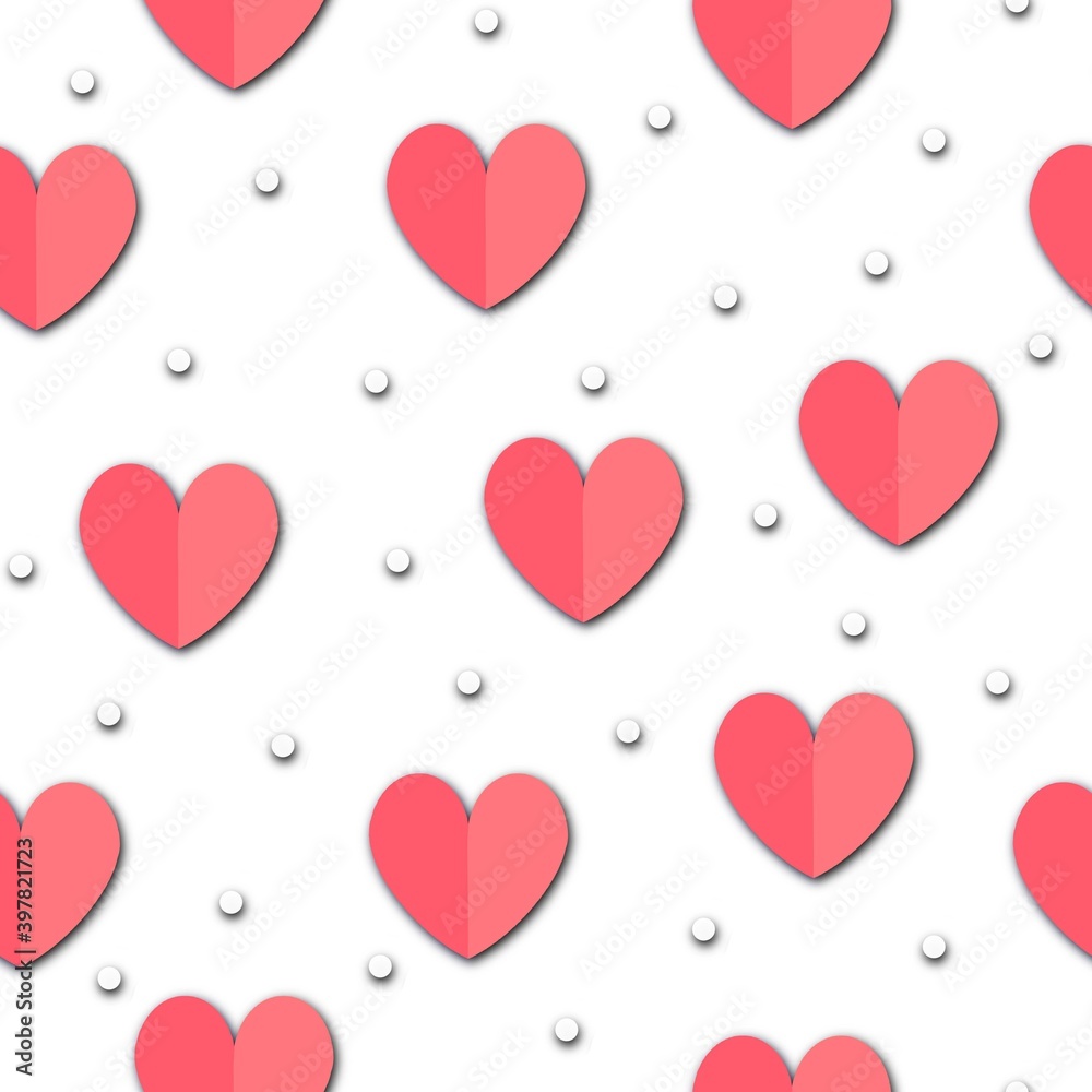 Paper hearts seamless pattern. Repeating background with paper cut style folded heart shapes and dots. Red and pink color Love icon symbol for Valentines day, wrapping, wedding. High quality photo.