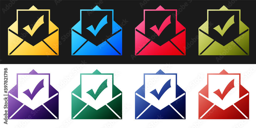 Set Envelope with document and check mark icon isolated on black and white background. Successful email delivery confirmation, successful verification concept. Vector. Set Envelope with document and check mark icon isolated on black and white background. Successful email delivery confirmation, successful verification concept. Vector.