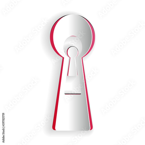 Paper cut Keyhole icon isolated on white background. Key of success solution. Keyhole express the concept of riddle, secret, peeping, safety, security. Paper art style. Vector.
