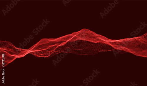Red particle wave background. Abstract dynamic mesh. Big data technology. Vector grid illustration.