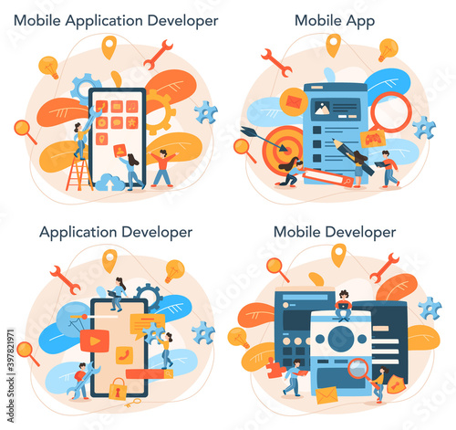 Mobile app development concept set. Modern technology and smartphone interface