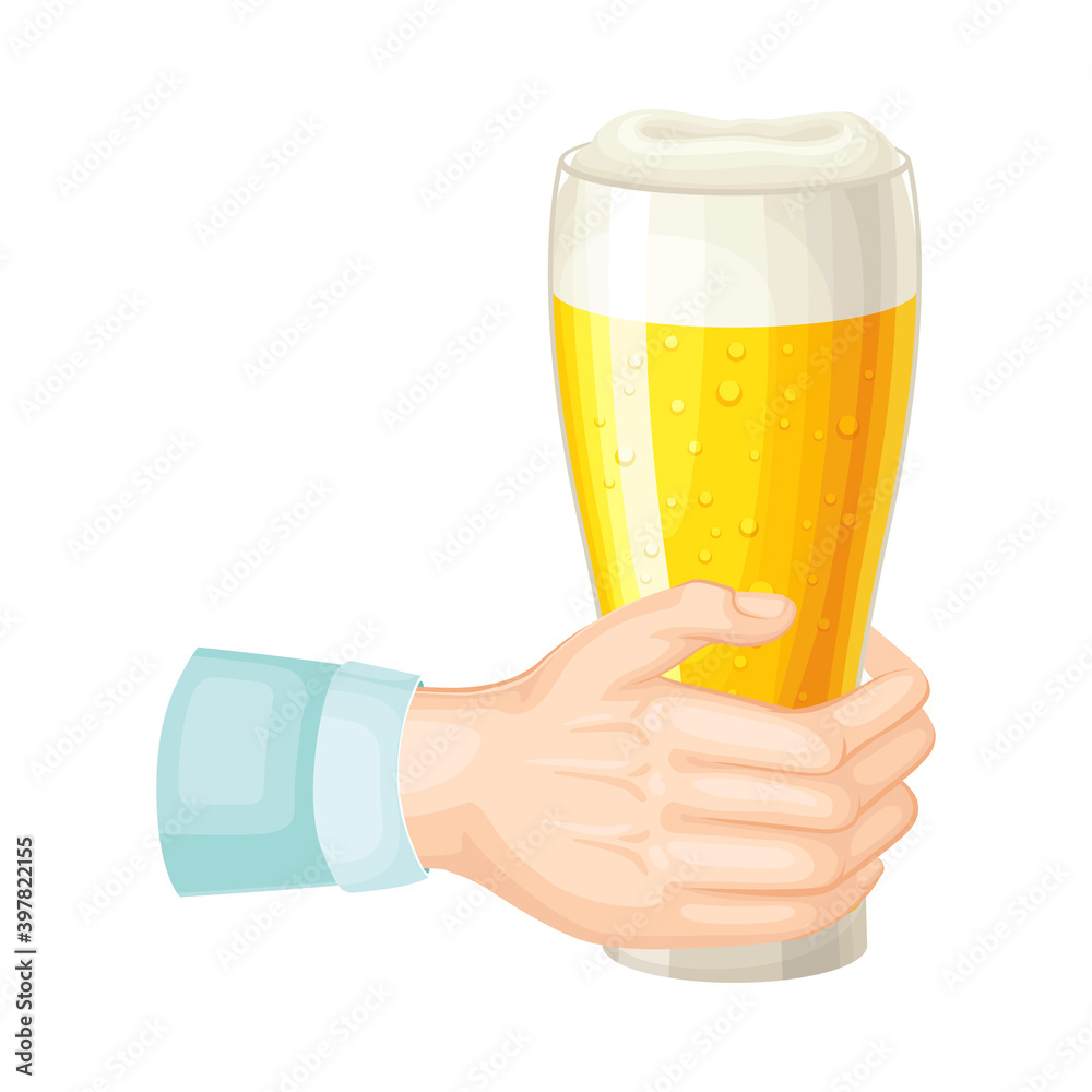 Glass with Lager Beer with Foam Hold by Human Hand Vector Illustration